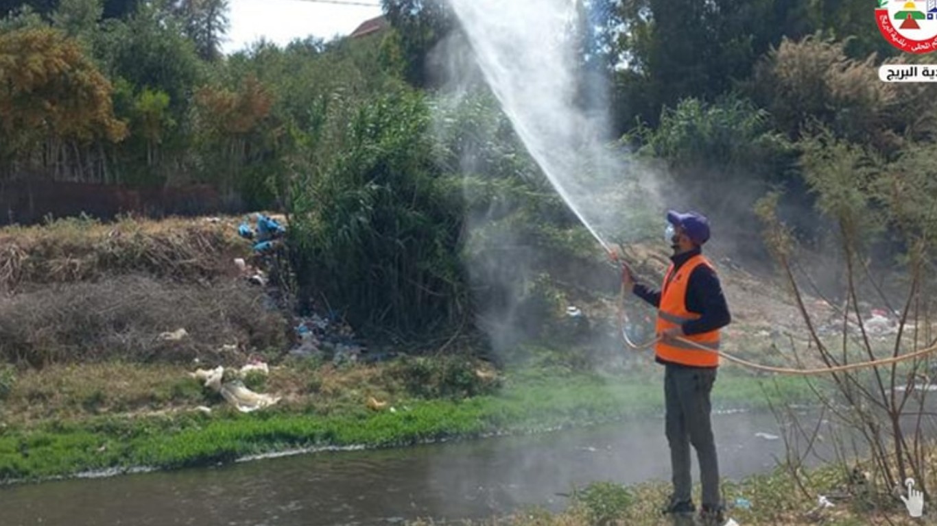 جانب من أعمال قسم الصحة والبيئة في بلدية البريج في مكافحة حشرة البعوض، من خلال رش مادة BTI على حواف مجرى وادي غزة.